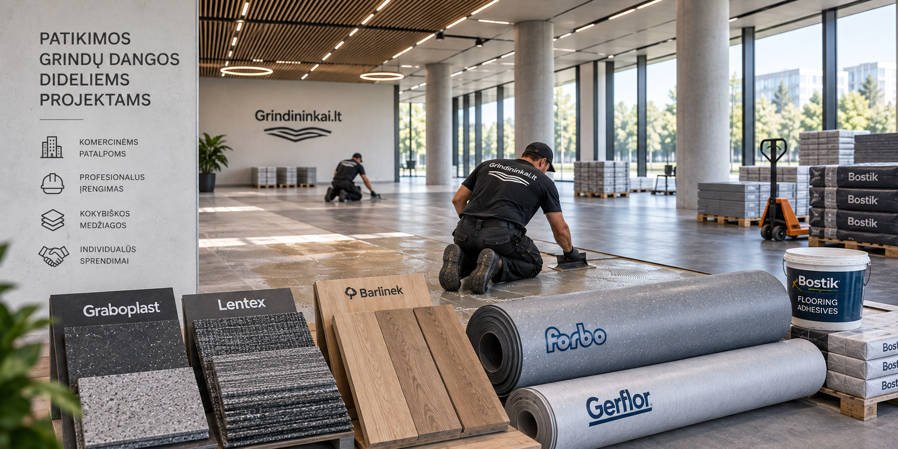 Profesionalios grindų dangos dideliems projektams – Forbo, Gerflor, Graboplast, Lentex, Barlinek ir Bostik